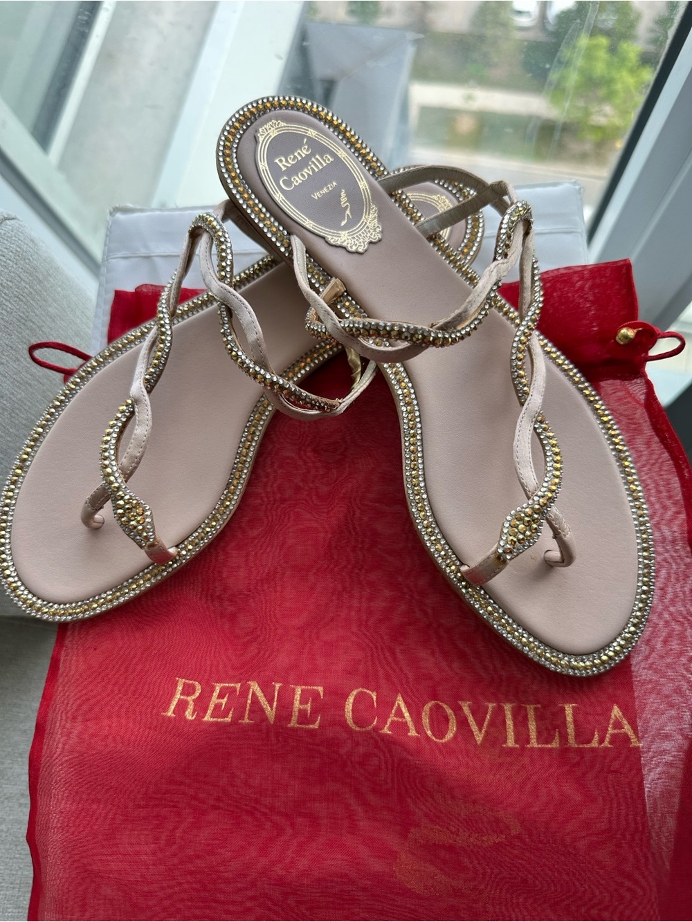 Rene Caovilla BRAID CHAMPAGNE FLAT SANDAL 10 - Size 37